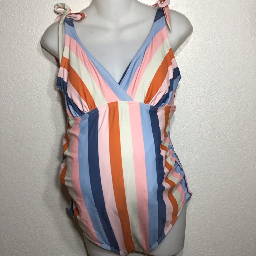 ISABEL MATERNITY SWIM SUIT STRIPED PINK,ORANGE, BLUE SIZE L